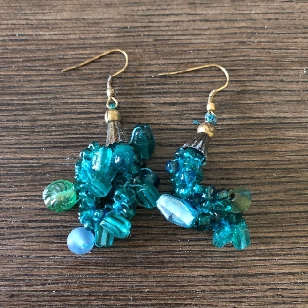 Teal glass bead crocheted fishhook earrings